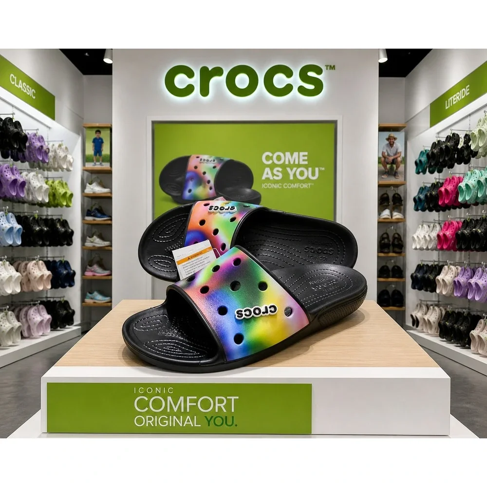 Crocs‎ Classic Slide Multi Heat Wave Black Multi Color Sandals Mens 12 NEW